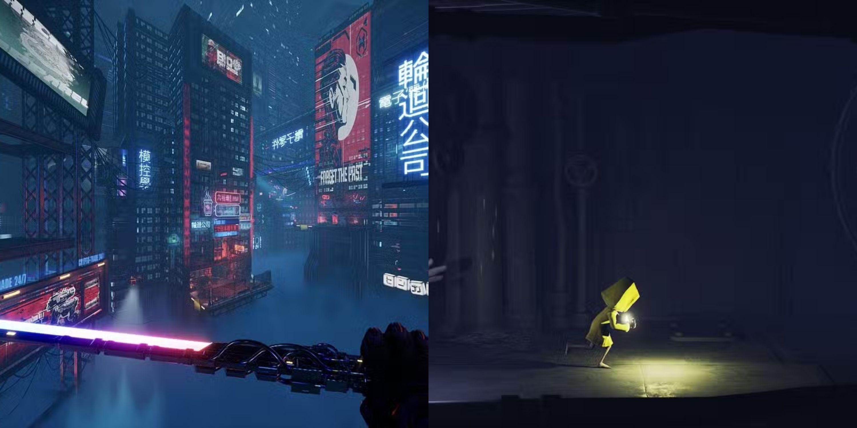 A combined image of gameplay from Little Nightmares 2 and Ghostrunner 2